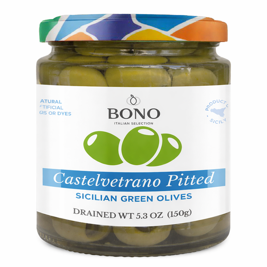 BONO Castelvetrano Sicilian Pitted Green Olives 150g - Case (6)