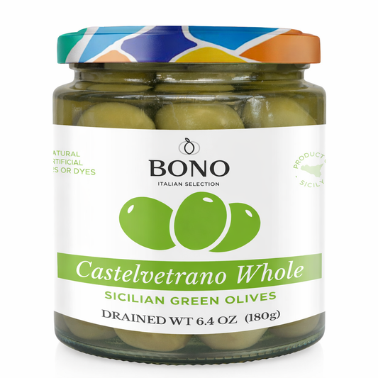 BONO Castelvetrano Sicilian Whole Green Olives 180g - Case (6)
