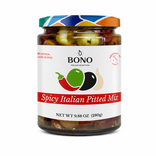 BONO Spicy Mixed Pitted Italian Olives 280g - Case (6)