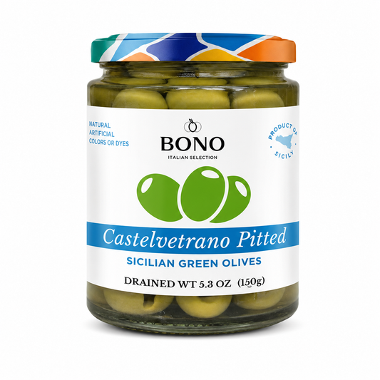 BONO Castelvetrano Sicilian Pitted Green Olives 150g - Case (6)